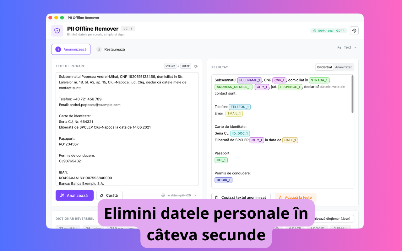 PII Offline Remover — textul cu CNP, adresă și IBAN detectate și evidențiate pe tipuri