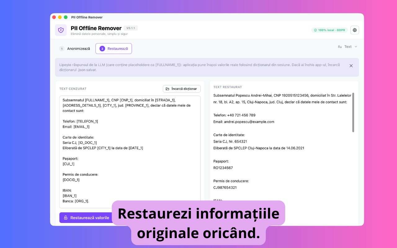 PII Offline Remover — restaurarea valorilor originale din dicționar